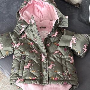 Okie Dokie Unicorn Print Puffer Jacket - Olive and Pink
